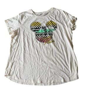 Disney Happy Place Graphic Tee Mickey Mouse Palm Print Checkered Neon Vacay 2X